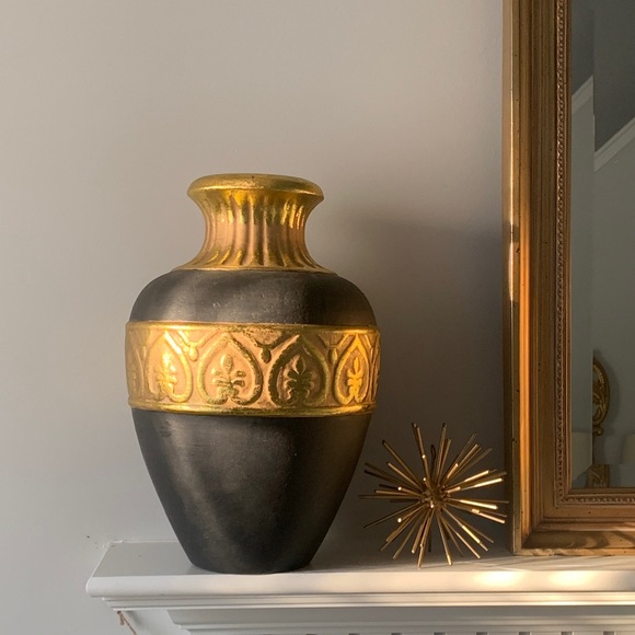 Dark brown gold leaf large ceramic decorative vase home decor shelf vintage art - Picture 2 of 10